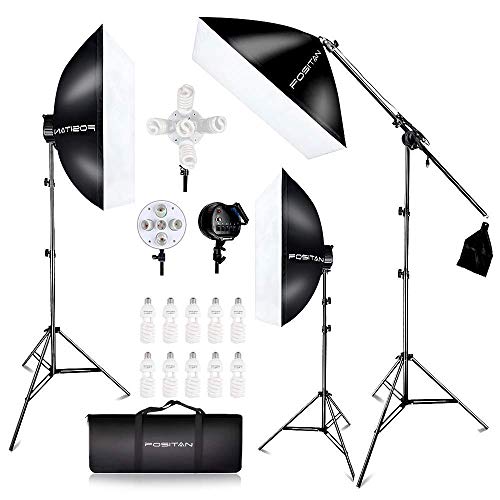 FOSITAN 2500W Softbox Photography Lighting Kit 3X 20'' x 28'', Continuous Lighting Kit with 2M Light Stand, Boom Arm Headlight Lighting Kit with Sandbag, Studio Lighting Kit with 11pcs Bulbs