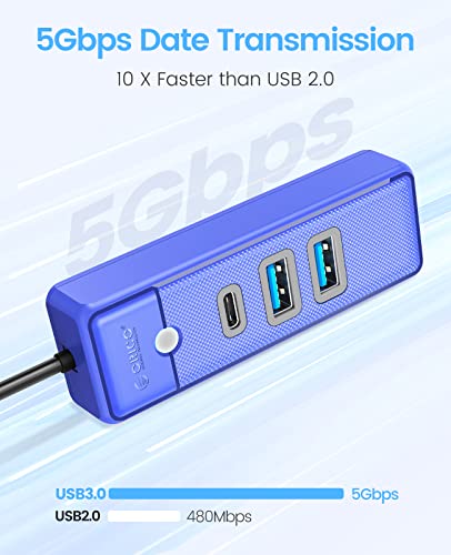 Image of ORICO USB C Hub 3 Ports USB 3.1 Type C to USB 3.0 Hub Adapter with 2 USB A, 1 Type C for Laptop, Mobile Phone, Tablet with 0.5ft Cable, Compatible with Mac OS 10.X and Above, Linux, Android-Blue