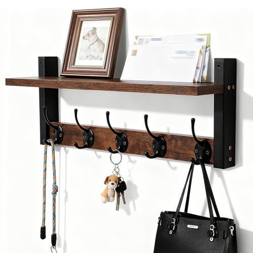 RETSAMV Porte-manteau Mural Avec Étagère Et 5 Crochets, Patère Murale 43 Cm Range Clés Et Courrier, Meuble Mural Pour Entrée Salon Chambre Cuisine Et Buanderie