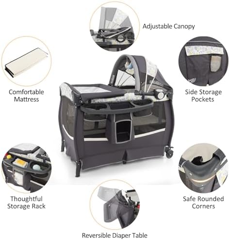 Maxmass 4 in 1 Baby Travel Cot, Infant Bedside Sleeper with Changing Table, Mattress, Music Box, Adjustable Canopy, Storage Rack & Carry Bag, Foldable Bassinet for Newborn Toddlers (Dark Gray+Leafage)