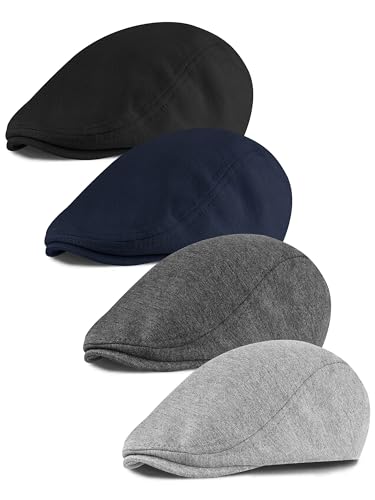 KUTTOR 4 Pieces Newsboy Men's Hat Summer Newsboy Cap Flat Cap Soft Stretch Fit Men Cap Cabbie Hunting Cap for Men Daily Use, Dark Grey, Light Grey, Navy Blue, Black, M