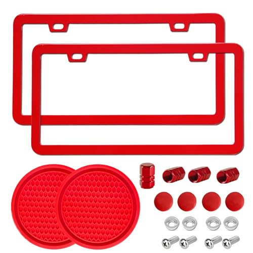 2 Pack License Plate Frame for Car Metal Aluminum Rust-Proof License Plate Holder Cover Front Rear Number Tag Frame for Men Women (Red)