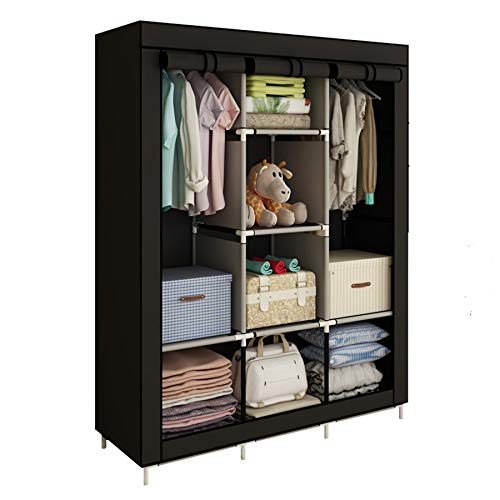 Image of ACCSTORE Canvas Wardrobe Cupboard Clothes Storage Organiser with 2 Hanging Rail and 6 Shelves,Black