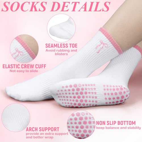 Jeyiour 5 Pairs Coquette Pink Bow Pilates Socks with Grips for Women Cute Yoga Non Slip Grippy Crew Socks for Dance Gifts3