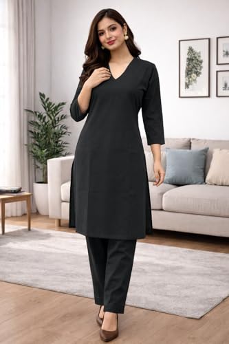 Image of JAIPUR HAND BLOCK Women's Cotton plain Straight Salwar Suit | V-Neck | 3 /4th Sleeve | Regular Fit | Daily, Office & Ethnic Wear(ST00125-V-NEW)