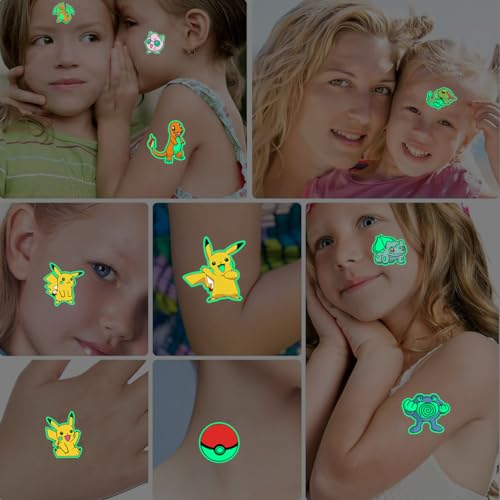 Leuchtende Tattoos für Kinder, 12 Blätter Temporäre Tattoo Set, Tattoos zum Aufkleben für Jungen Mädchen Kindergeburtstag Mitgebsel Festival Party Deko