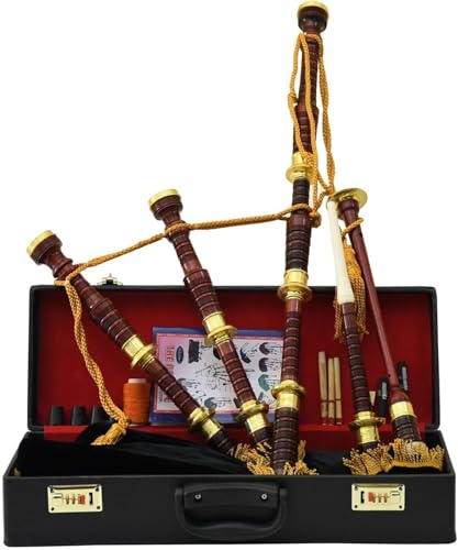 Scottish Highland Bagpipes – Golden Engraved Brass Mounts, Black Velvet Cover, Traditional Musical Instrument, Free Hard Case for Storage & Travel