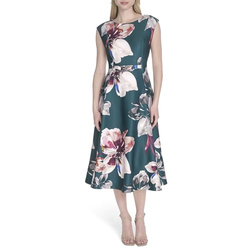 Calvin Klein Women's Sleeveless Floral Print Scuba Crepe A-line Dress with Hardware