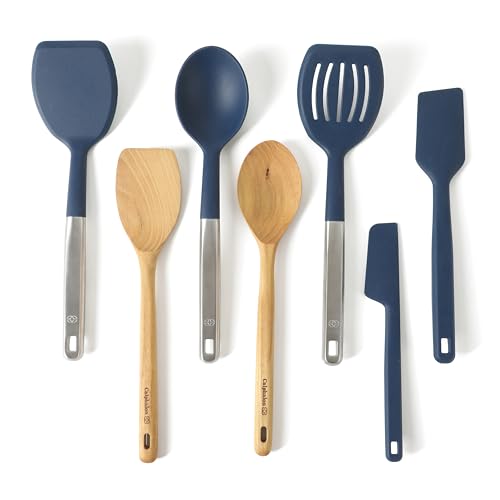 Image of Calphalon Prime 7-Piece Silicone and Teak Wood Kitchen Tool Set, Stainless Steel Kitchen Utensil Set, Kitchen Spoon And Spatula Set, Heat Resistant Non-Slip Kitchen Gadgets Set - Navy Blue