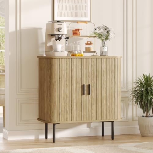 31''W Natural Fluted Buffet Sideboard Cabinet with Storage, Small Coffee Bar Sideboard Storage Cabinet with Sliding Tambour Door, Light Wood Entryway Table, Console Table for Living Room, Dining Room
