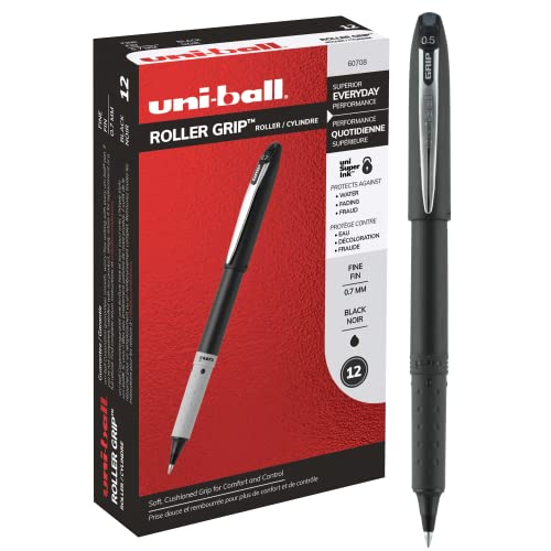 uni-ball Roller Grip Fine Point Rollerball Pens, 12 Black Ink Pens