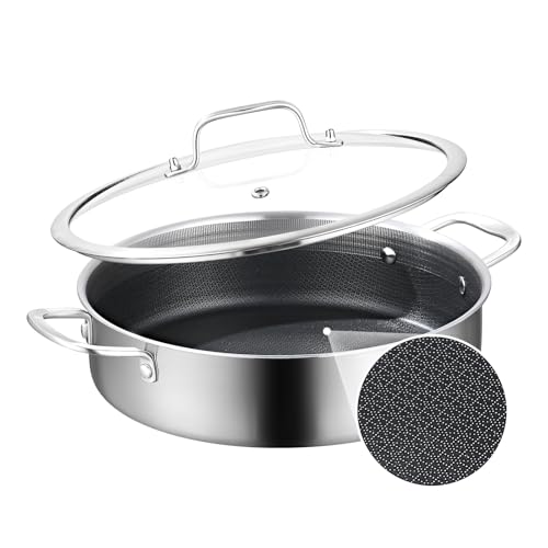 DELARLO Tri-Ply Stainless Steel 5.5QT Saute Pan With Lid Nonstick 12 Inch Deep Frying Pan Double...