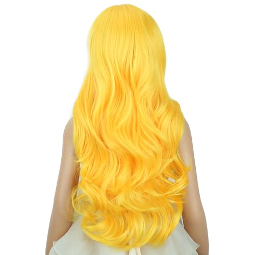 Image of Women Gold Yellow Wig Women Long Yellow Wavy Curly Wig Long Middle Part Wigs for Women Heat Resistant Synthetic Wigs with Cap