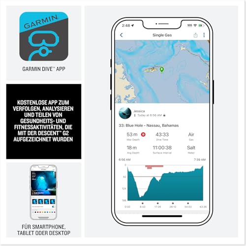 Garmin Descent G2 45mm - Smarter Tauchcomputer mit 1,2 AMOLED Farbdisplay, bis zu 10 Tage Akkulaufzeit, versch. Tauchmodi, Tauchbereitschaft, Multi-GNSS, 100+ Sport-Apps, Benachrichtigungen