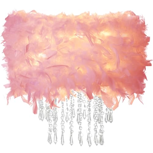Star Vision 19.7in Pink Feather Lampshade with Acrylic Crystal Droplets, Universal Fit Light Shade for Ceiling Pendant, Table & Floor Lighting​