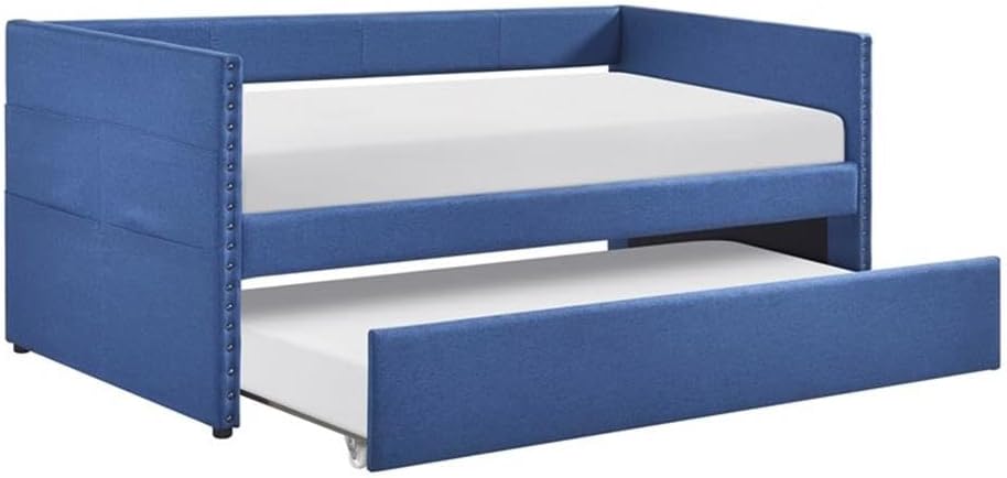 Pemberly Row Textured Fabric Daybed with Pull-Out Trundle, Blue Upholstery, Nailhead Trim, Plywood and Engineered Wood Frame, Twin Mattress Compatible, Storage Pockets, Guest Room or Living Space Use