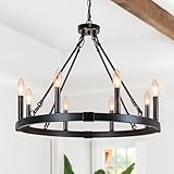 23.6' Black Wagon Wheel Chandelier - 8 Light Candle Style Farmhouse Pendant Light, Round Dining Room Light Fixture for Kitchen Island, Entryway, Foyer, and Living Room, Vintage Rustic Design