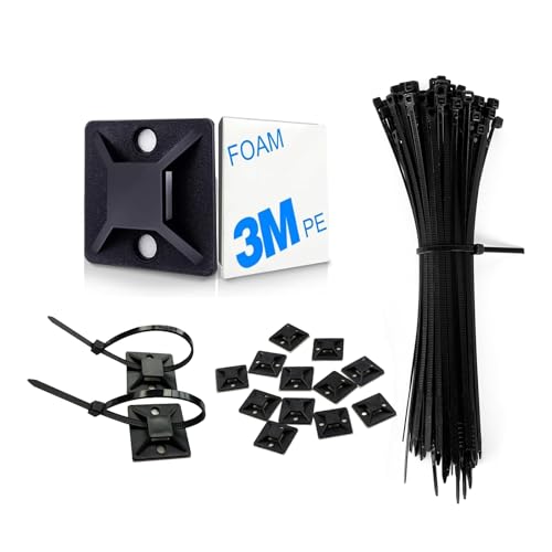Ferizzia Sujetacables para Atornillar, 100 Piezas Bridas Negras y 100 Base, Piezas Adhesivas para Bridas, Sujeta Cables Pared para Oficina, Exteriores, Casa