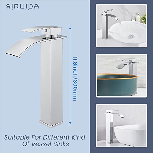 Airuida Tall Bathroom Vessel Faucet Chrome Polish Waterfall Bathroom Single Handle Single Hole Deck Mount Bowl Mixer Tap With Large Waterfall Spout Bar Sink Faucet Lavatory Vanity #TOP7
