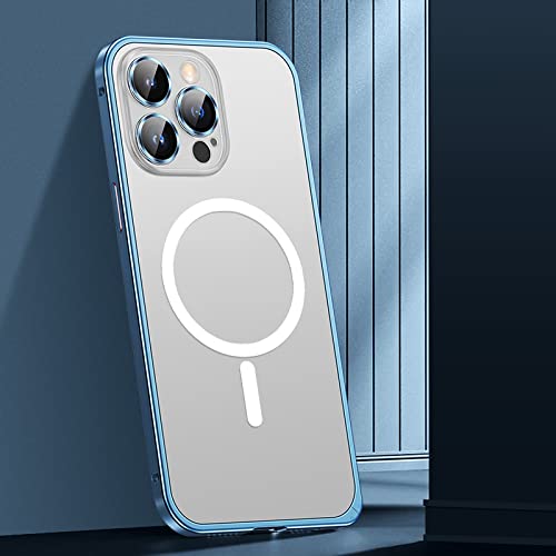 Coque iPhone 13 magnétique en aluminium bleu avec protection objectif