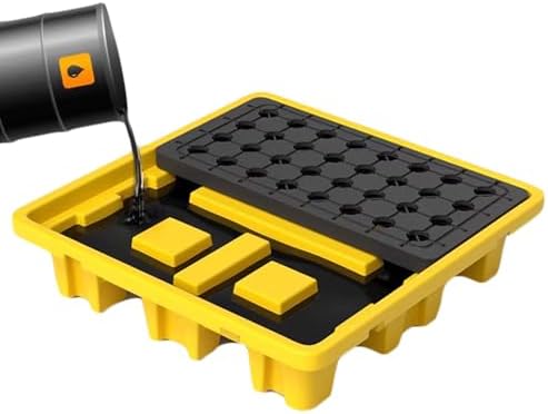 Heavy-Duty Low Profile Drum Spill Containment Tray, Modular Platform with Drain & Grating, 26.8x26.8x3.9in, Safe Polyethylene Storage Solution for Industrial Use