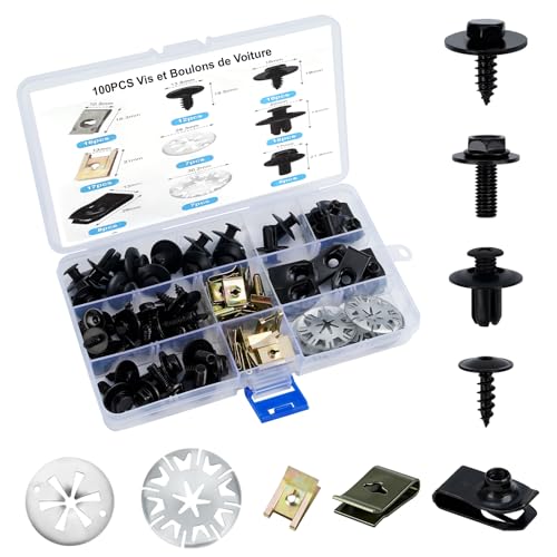 100PCS Clips et Boulons de Carrosserie, Kit de Rénovation Automobile Universel avec Vis de Soubassement, Écrous en U et Agrafes de Fixation - pour Voiture,...