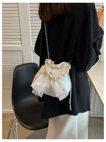 GORGLITTER Women’s Pearls Bow Chain Bucket Bags Textured Coquette Evening Shoulder Handbags4