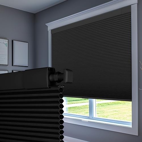 Boolegon No Drill No Tools Cellular Shades Color-Matched Sureness Honeycomb Blinds Easy to Install Cellular Blinds for Windows, Blackout-Black, Custom Size