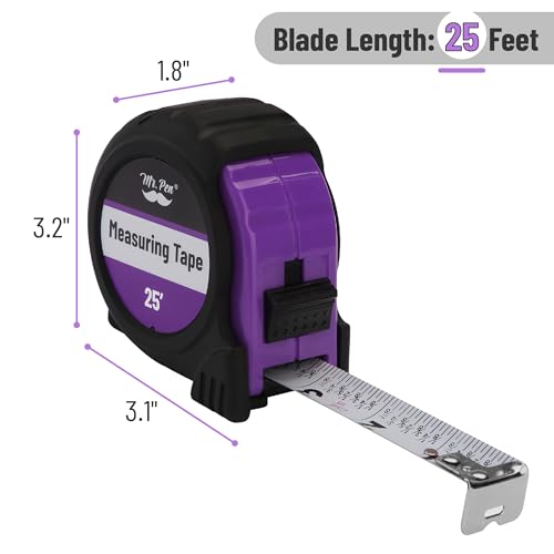 Image of Mr. Pen - 25 Foot Purple Retractable Steel Measuring Tape with Fractions, Easy Read