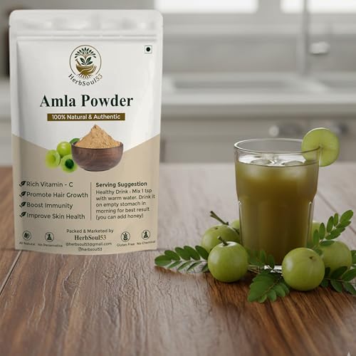 Image of HerbSoul53 Amla Powder For Hair Growth - Vitamin C Rich Pure Indian Gooseberry Churna | Superfood Ayurvedic Powder for Immunity, Drinking, Eating & Skin Health | Chemical & Preservative Free (200 Gram)