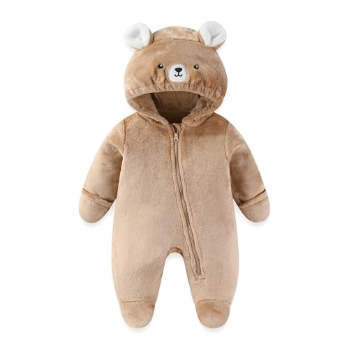 JiAmy Ropa de invierno para bebé, niña, niño, forro polar, cremallera, traje de nieve con capucha para bebé, unisex, trajes para recién nacidos, Bear, 9 12 meses