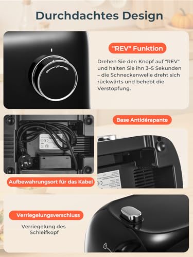FOHERE Fleischwolf Elektrisch, 2000W Fleischwolf mit 2 Schneidklinge, 3 Schneidplatte (7MM/5MM/3MM), Wurst-Rohr, Kubbe-Formgerät, Hocheffizienter Fleischwolf für den Hausgebrauch, Schwarz