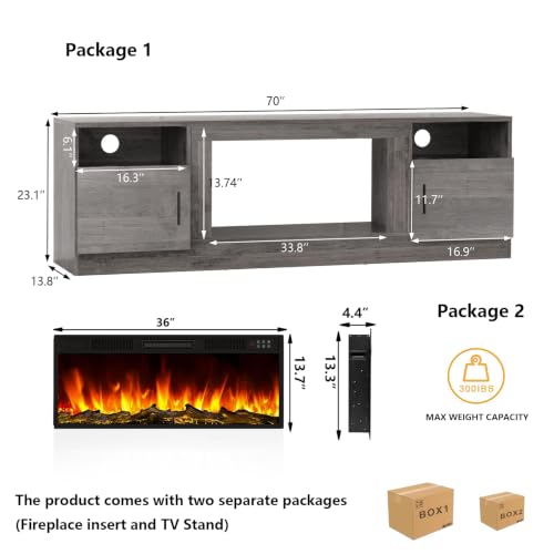 Image of Waleaf 70 inch Fireplace TV Stand with 36 inch Electric Fireplace,20 Colors LED Lights Entertainment Center for Living Room,Large High Gloss TV Console Cabinet for Televisions up to 80+ Inch