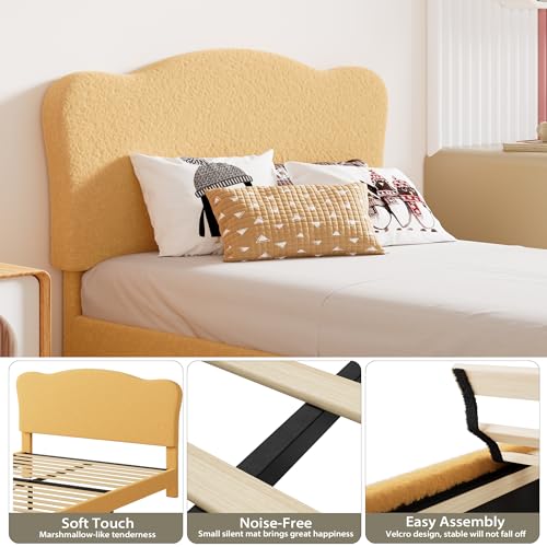 GarveeHome Upholstered Twin Size Bed Frame for Kids with Scallop Headboard, Cute Velvet Twin Bed for Girls, Boys, Sturdy Platform Bed, No Box Spring Needed, Wooden Slats, Noise Free, Yellow