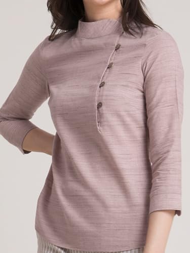 Image of FableStreet Women Formal Top | Asymmetrical Button Placket Band Collar Three-Quarter Sleeves | Pure Cotton Smooth Fabric for Office & Workwear