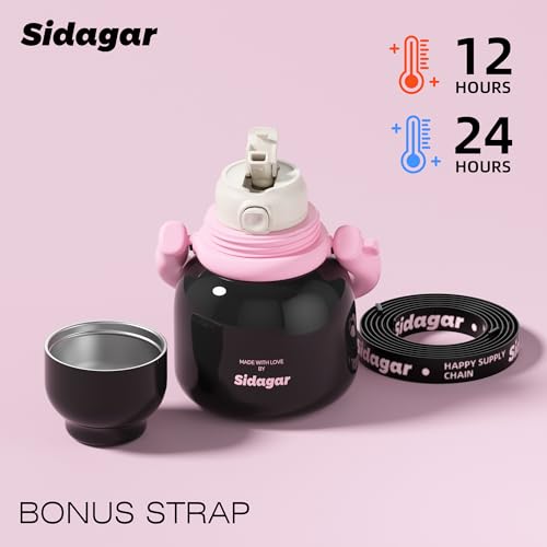 Sidagar 22 oz Water Bottle with Straw and Bowl, Unique Insulated Stainless Steel Tumbler, Spill-proof Reusable BPA-Free Cup, Pilates Wellness Study Travel, with Bonus Strap - Chocolate Black — view 4