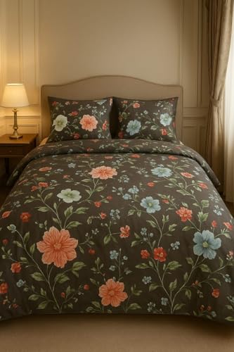 Image of Premium Glace Cotton Flat Double Bedsheets, 90 x 100 Inches with 2 King Size Pillow Cover 17 x 27 Inches, Floral (Brown)