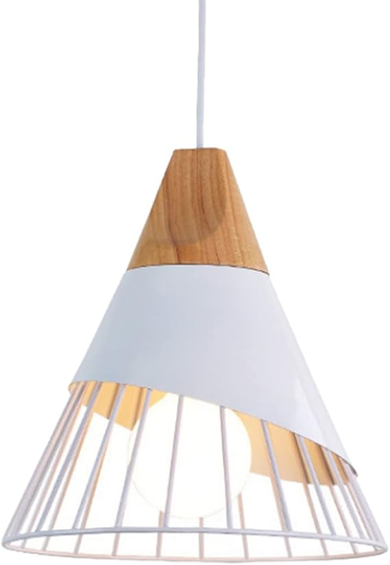 Chao Zan Moderne vintage hanglamp, houten plafondlamp industrieel metaal wit hanglampen lampenkap kegelvorm ijzer kooi verlichting voor eetkamer keuken, hal, E27 lamp niet inbegrepen