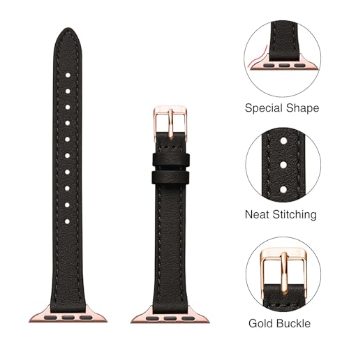 Image of STIROLL Slim Leather Bands Compatible with Apple Watch Band 38mm 40mm 41mm 42mm(Series 11 10), Top Grain Leather Watch Thin Wristband for iWatch SE 9 8 7 6 5 4 3 2 1 (Black Rose Gold)