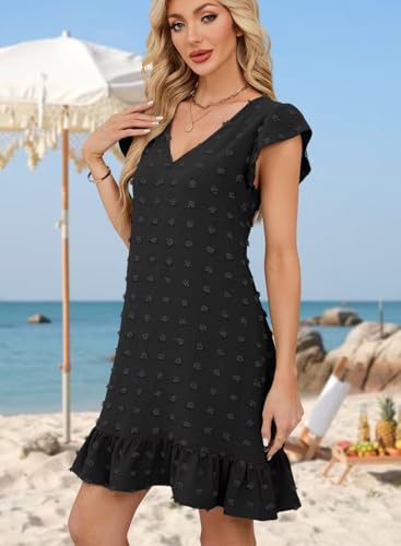 Image of QACOHU Spring Summer Dresses for Women 2026 V Neck Cap Sleeve Ruffle Hem Smock Short Casual Beach Dress