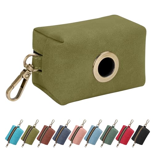 Image of Didog PU Leather Dog Poop Bag Holder, Easy-Pull with Metal Clip, OliveGreen