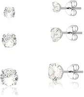Trio de Brincos Ponto de Luz com Zircônia, Banhado na Prata 925, 6 Peças, Design Clássico, Acabamento Polido Brilhante