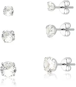 Trio de Brincos Ponto de Luz com Zircônia, Banhado na Prata 925, 6 Peças, Design Clássico, Acabamento Polido Brilhante