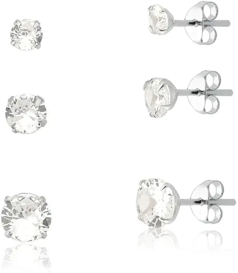Trio de Brincos Ponto de Luz com Zircônia, Banhado na Prata 925, 6 Peças, Design Clássico, Acabamento Polido Brilhante