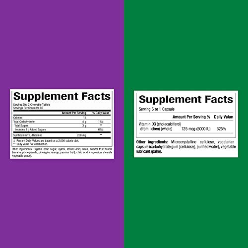 Natural Factors, Stress-Relax Suntheanine Chewable, 100 Mg (120 Tablets) & Whole Earth & Sea Vitamin D3 5000 Iu (125 Mcg), Vegan, (60 Capsules) For Relaxation & Immune Health #TOP2