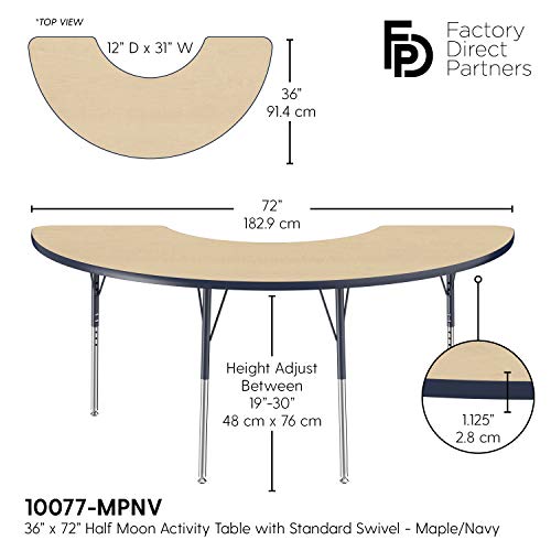 Image of FDP Half Moon Activity School and Office Table (36 x 72 inch), Standard Legs with Swivel Glides for Collaborative Seating Environments, Adjustable Height 19-30 inches - Maple Top and Navy Edge