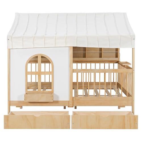 Image of Full Size House Bed with 2 Large Drawers & LED Strip Natural-T | Side Bookshelf, Cozy Reading Nook & Playhouse for Boys & Girls