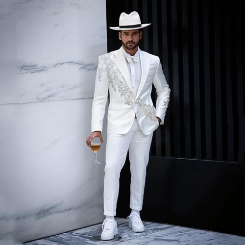 Men's Applique Suit White Satin 2 Piece Slim Fit Luxury Diamond Floral Tuxedo Prom Suits for Wedding Party Prom4