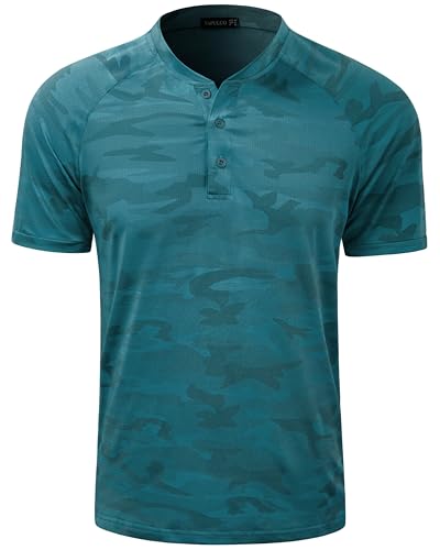 TAPULCO Men's Quick Dry Collarless Golf Shirts Short Sleeve Stretch Breathable Lightweight Moisture-Wicking Active Sports Henley Collared Polo Camo Deep Teal X-Large