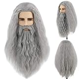 HUNIGIR Mens Long Gray Wig with Beard Old Man Grey Wizard Wig Heat Resistant Synthetic Hair for Halloween Cosplay Costume Party